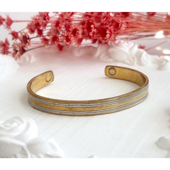 24k Gold Electroplated Dual Silver & Gold Toned Vintage Ribbed Bracelet Bangle - Picture 1 of 10